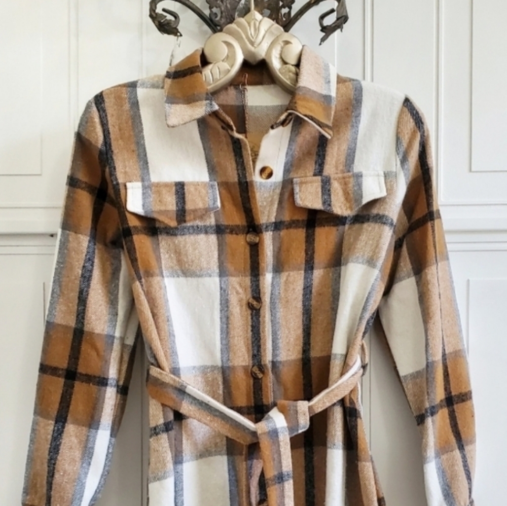 NEW Distressed Cozy Flannel Plaid Shirt Dress Shacket Tan White Black Button Up - Picture 6 of 9